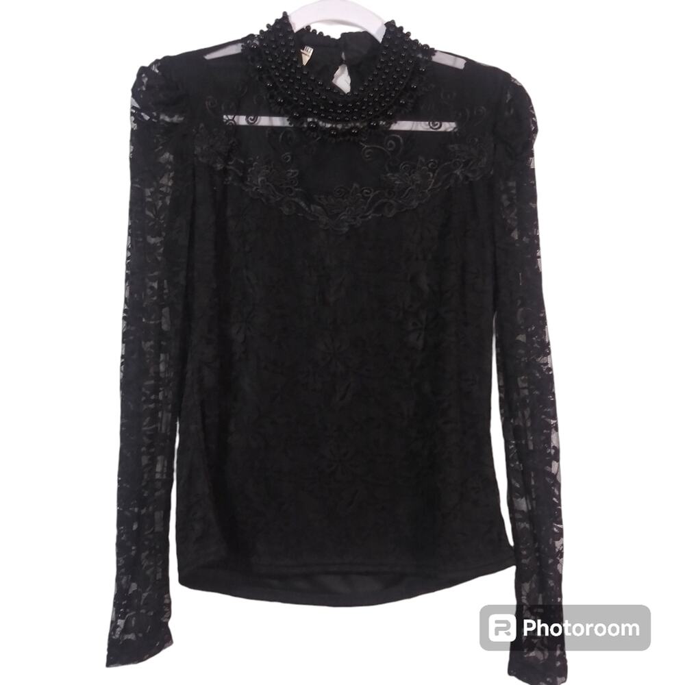 WH Dress Women's Floral Lace Blouse Overlay Beaded Neck Long Sleeve Top Size M